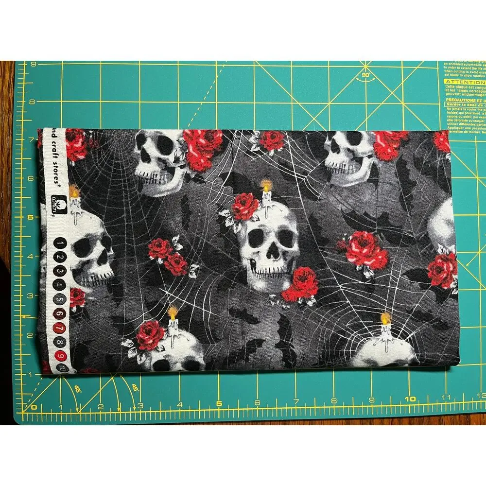 Skulls Webs and Roses Cotton Fabric 3/8 yard | Destashing